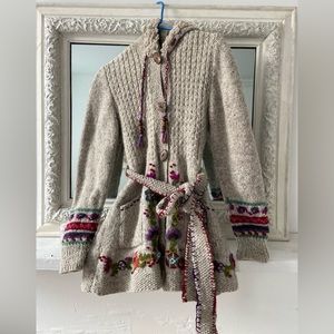 Hand knit in Nepal Newari Sundance tie waist grey and embroidered folk sweater